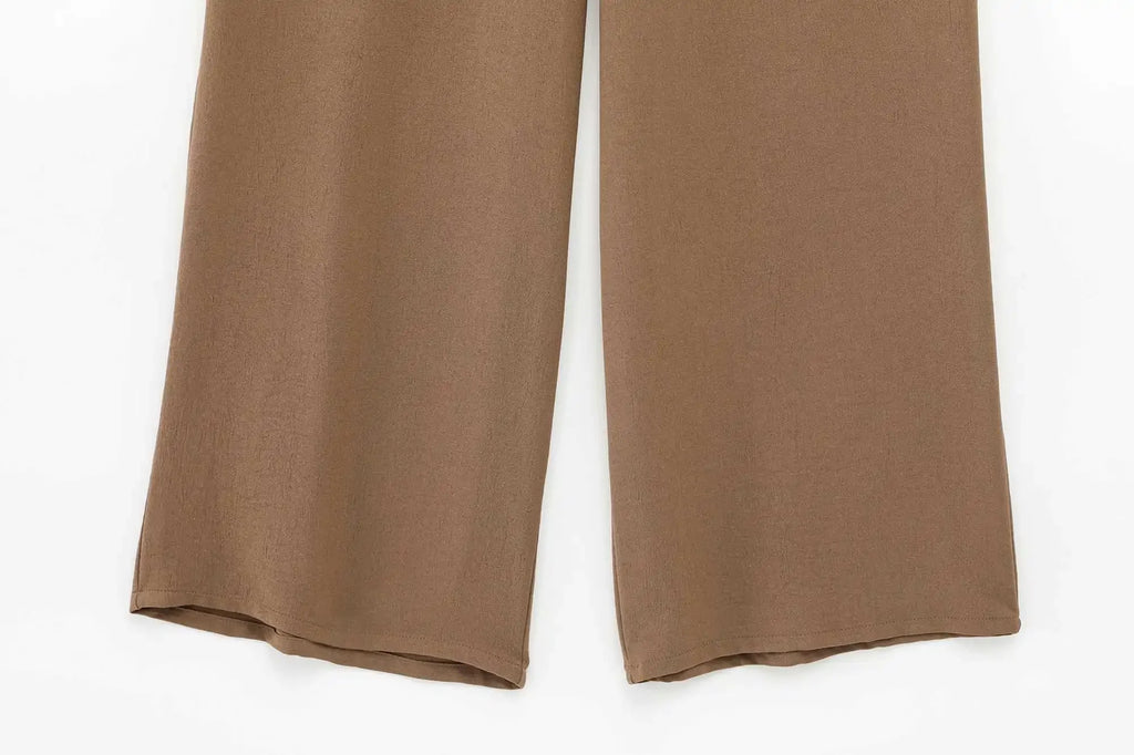 Women's Lace Up Kimono Shirt Top and Elastic Waist Wide Leg Trousers Two Piece Set