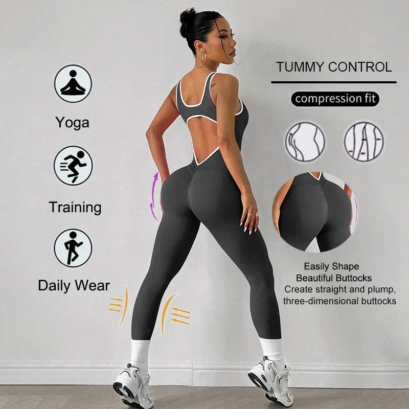 Seamless Women's Yoga Jumpsuit with Deep V Back Sleeveless Design High Stretch Lightweight Sportswear for Gym and Casual Wear