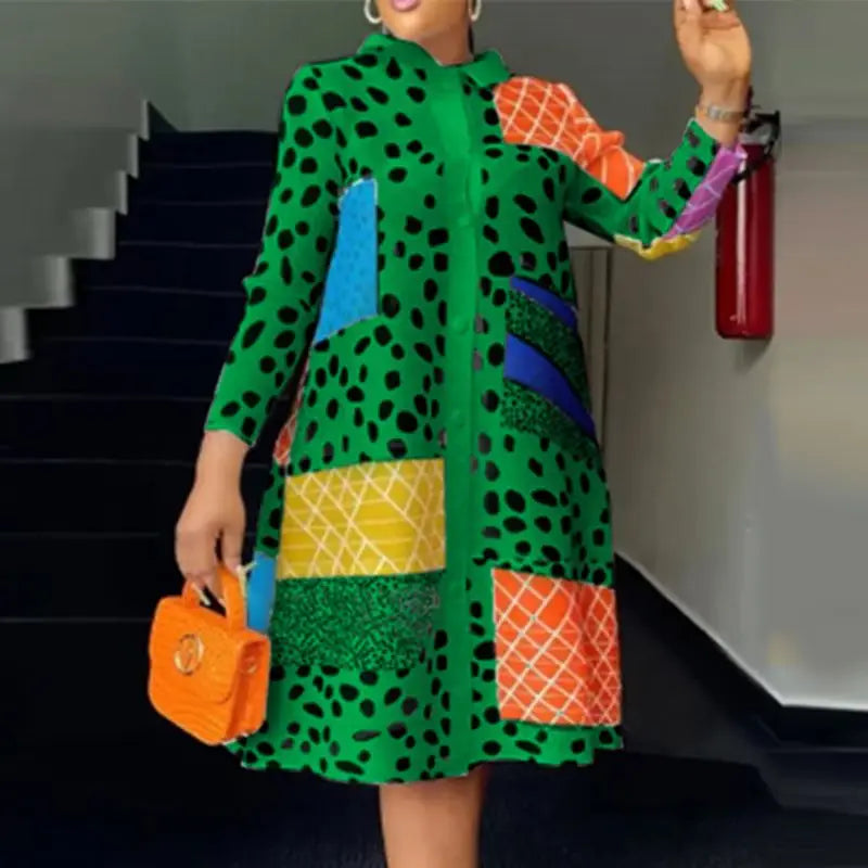 Boho Leopard Print Shirt Dress With Lapel Long Sleeve