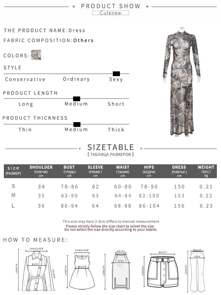 Elegant Long Sleeve Printed Maxi Dress With O Neck