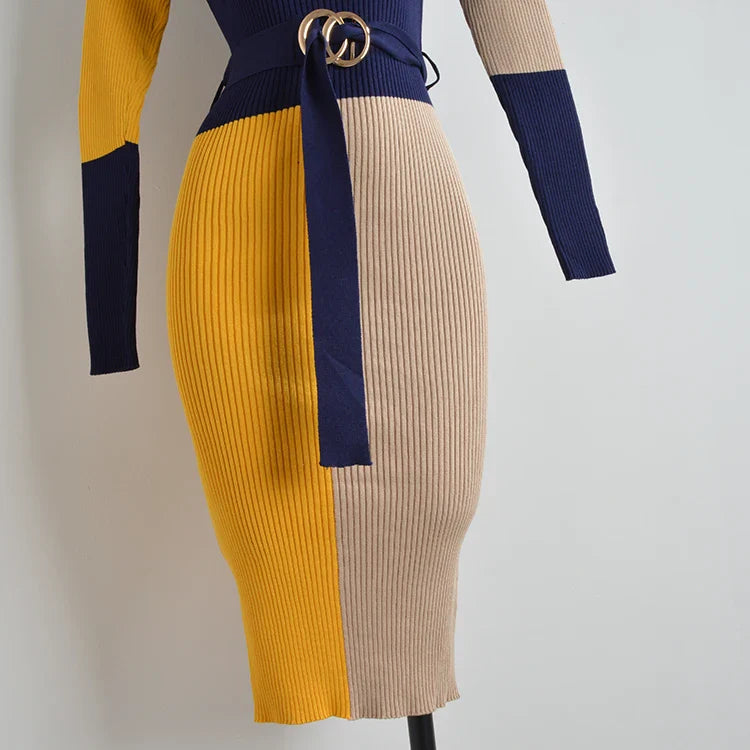 Fall Winter Knit Wrap Dress With Belt Long Sleeve Pencil