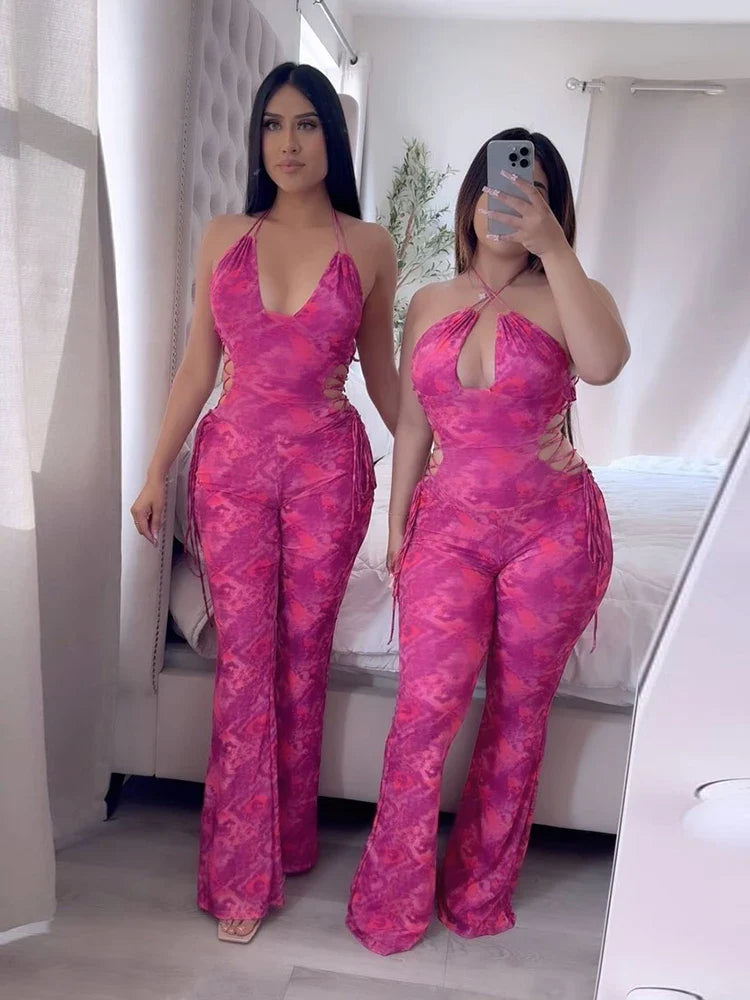 Backless Tie-Dye Side Shirring Jumpsuit for Women Sleeveless Skinny Overalls Sexy Clubwear and Workout Midnight Party Outfit