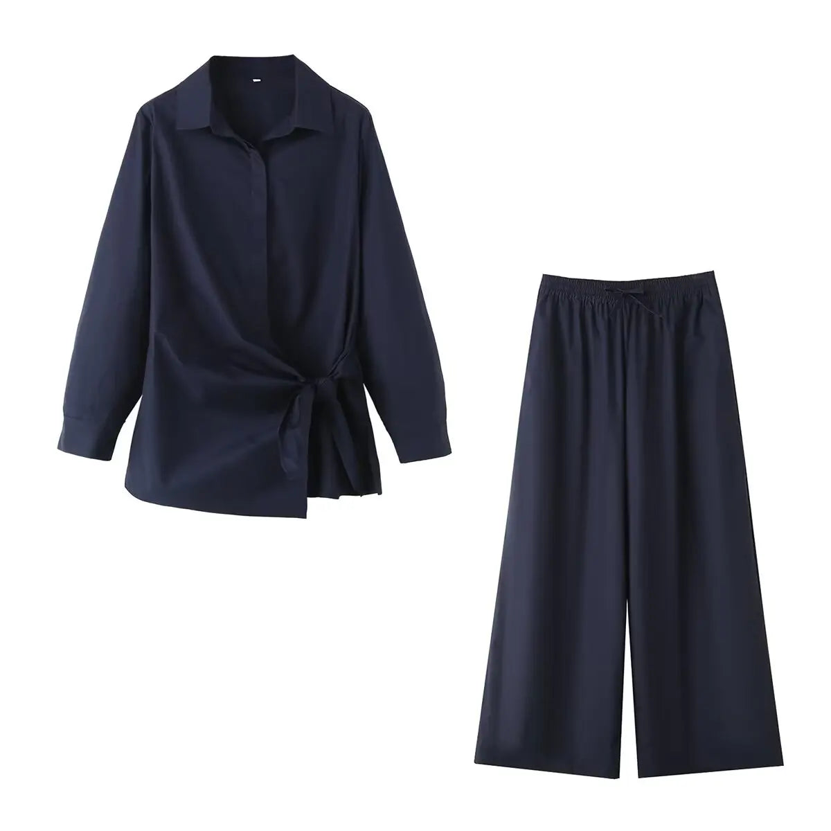 Autumn Women Two-Piece Set Poplin Single Breasted Shirt with High Waist Long Pants Casual Outfit