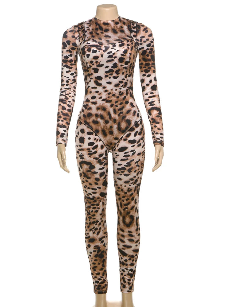 Leopard Print Women's Full Sleeve Zip Jumpsuit Skinny Stretch Fitness Workout Streetwear Overalls