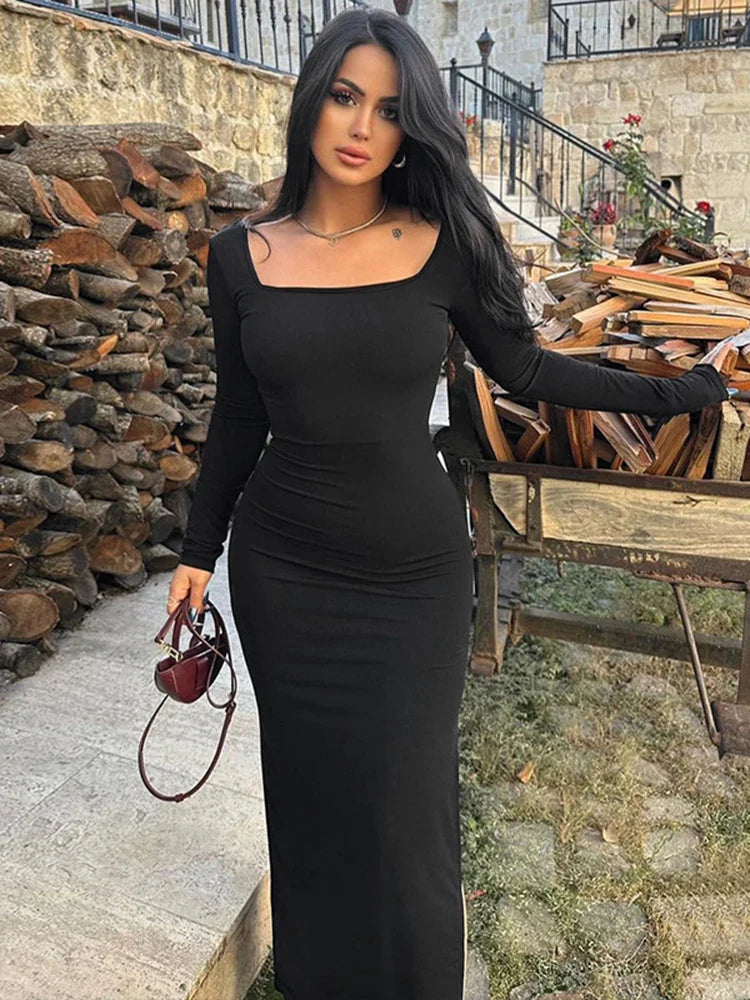 Lace Up Bandage Maxi Dress Black Long Sleeve Bodycon