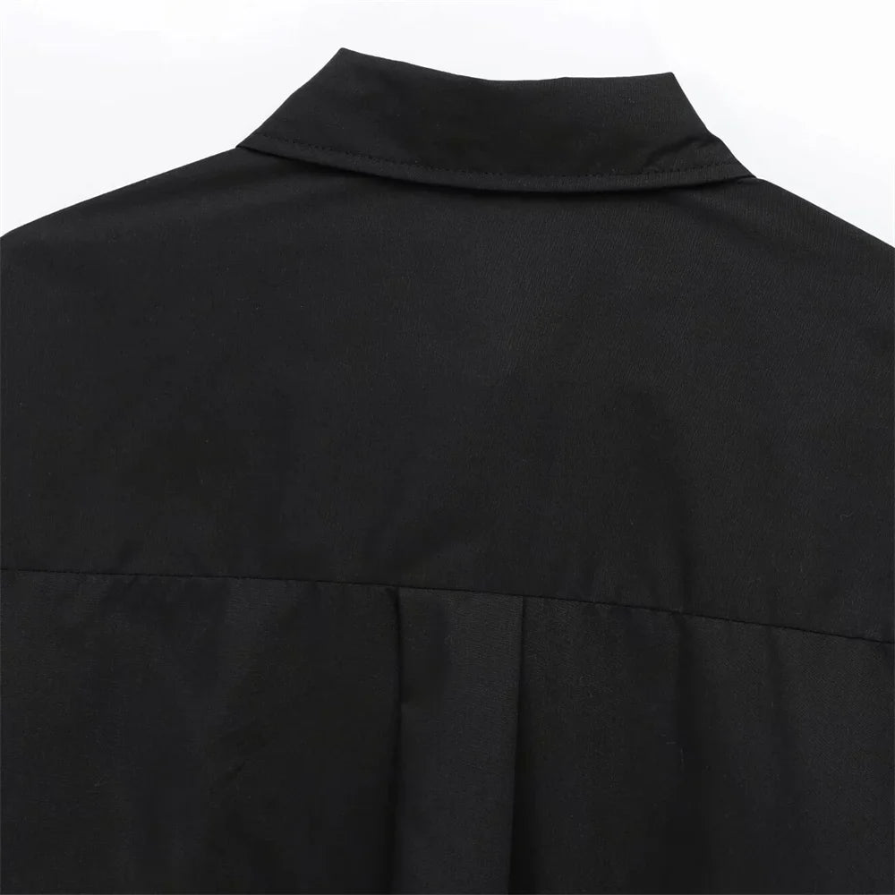 Solid Color Casual Collar Long Sleeve Poplin Shirt for Women with Gold Buckle Accent and Loose Fit