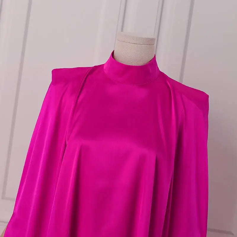 Satin Pleated Evening Dress With Stand Collar Long Sleeve