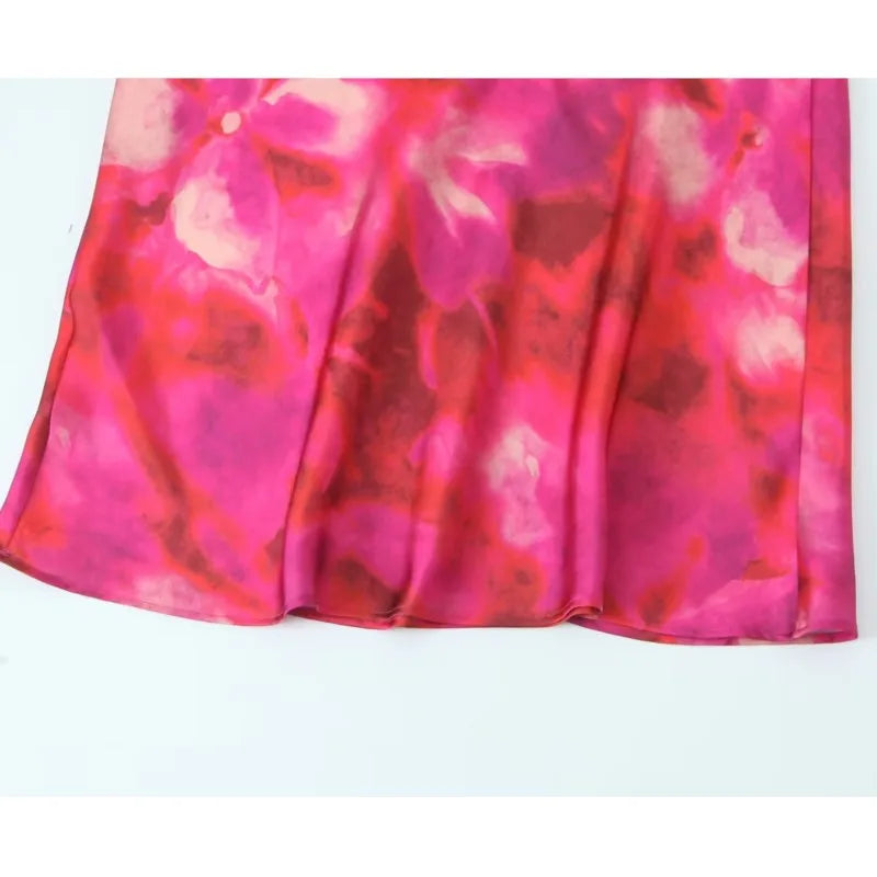 Printed Satin Midi Dress Women Sleeveless Back Button