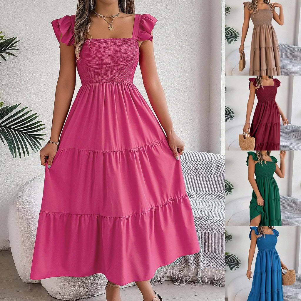 Square Neck Maxi Dress for Women Solid Summer Color