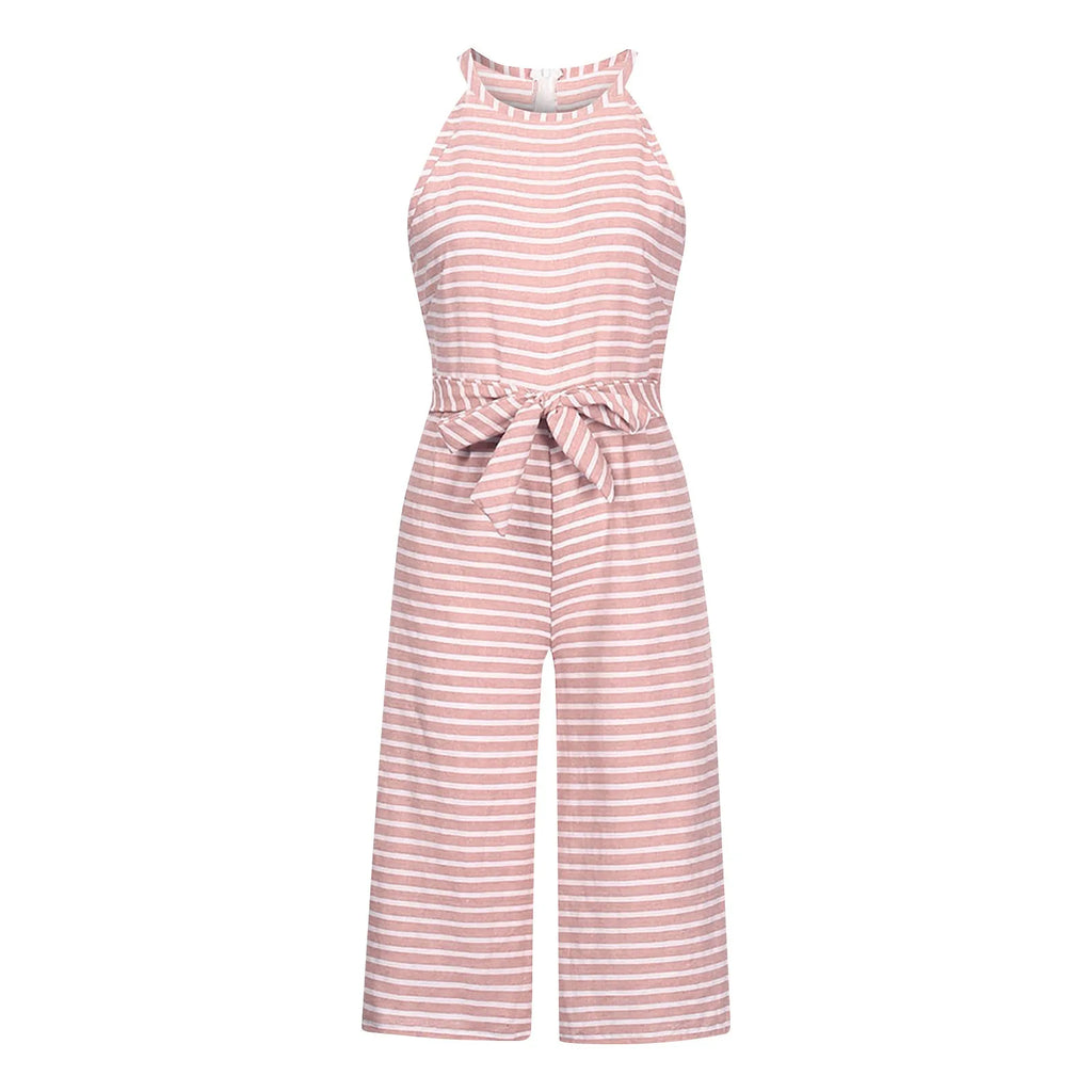 Elegant Sleeveless Striped Jumpsuit for Women Wide Leg Belted Romper Loose Fit Overalls Trousers