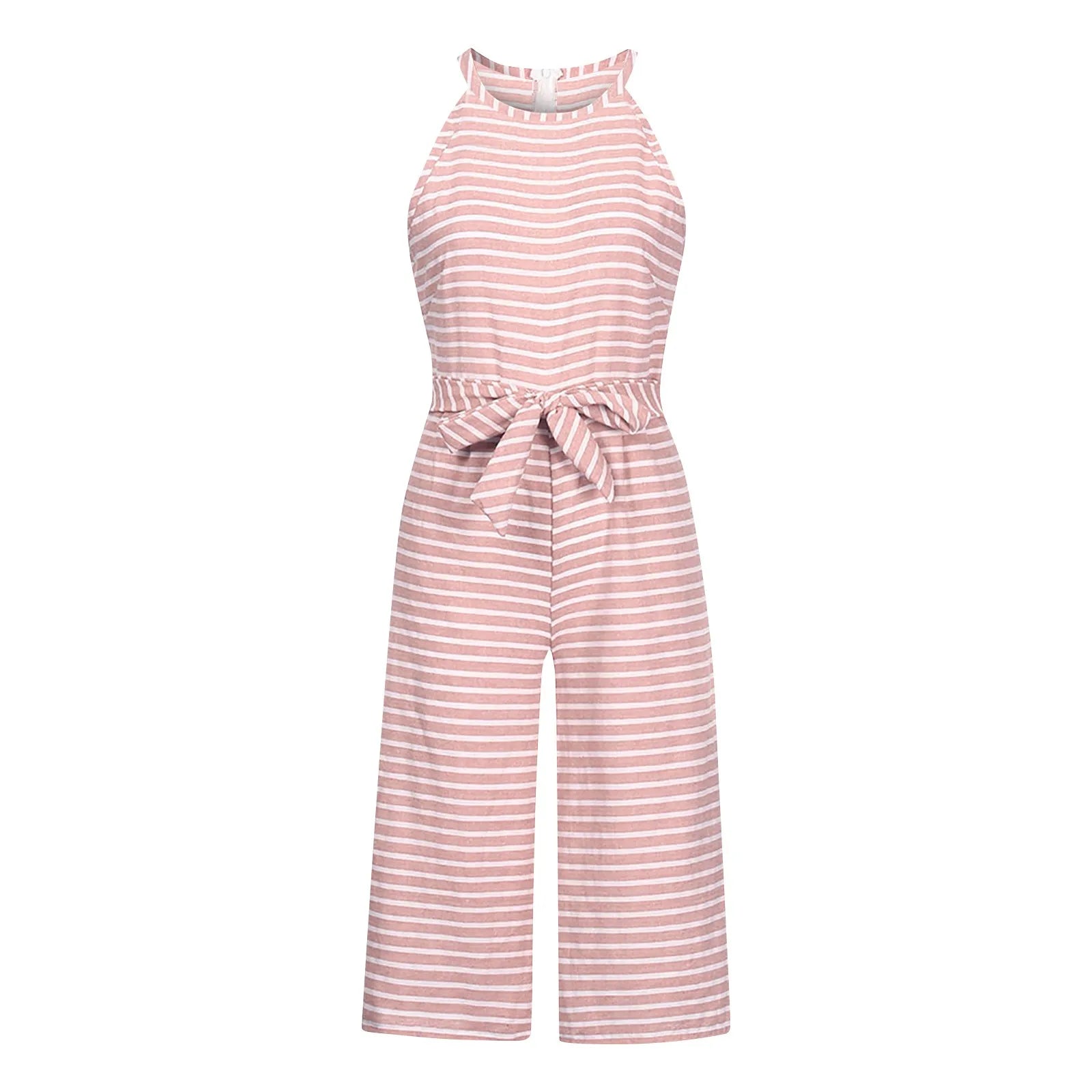 Elegant Sleeveless Striped Jumpsuit for Women Wide Leg Belted Romper Loose Fit Overalls Trousers