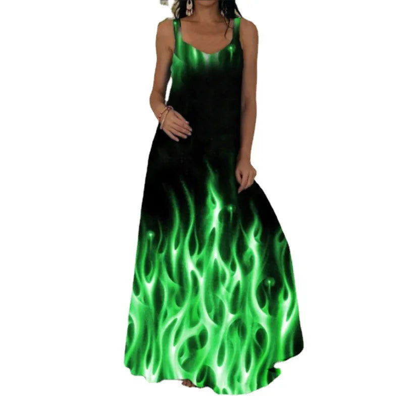 Flame Print Sleeveless Dress For Summer Casual Wear