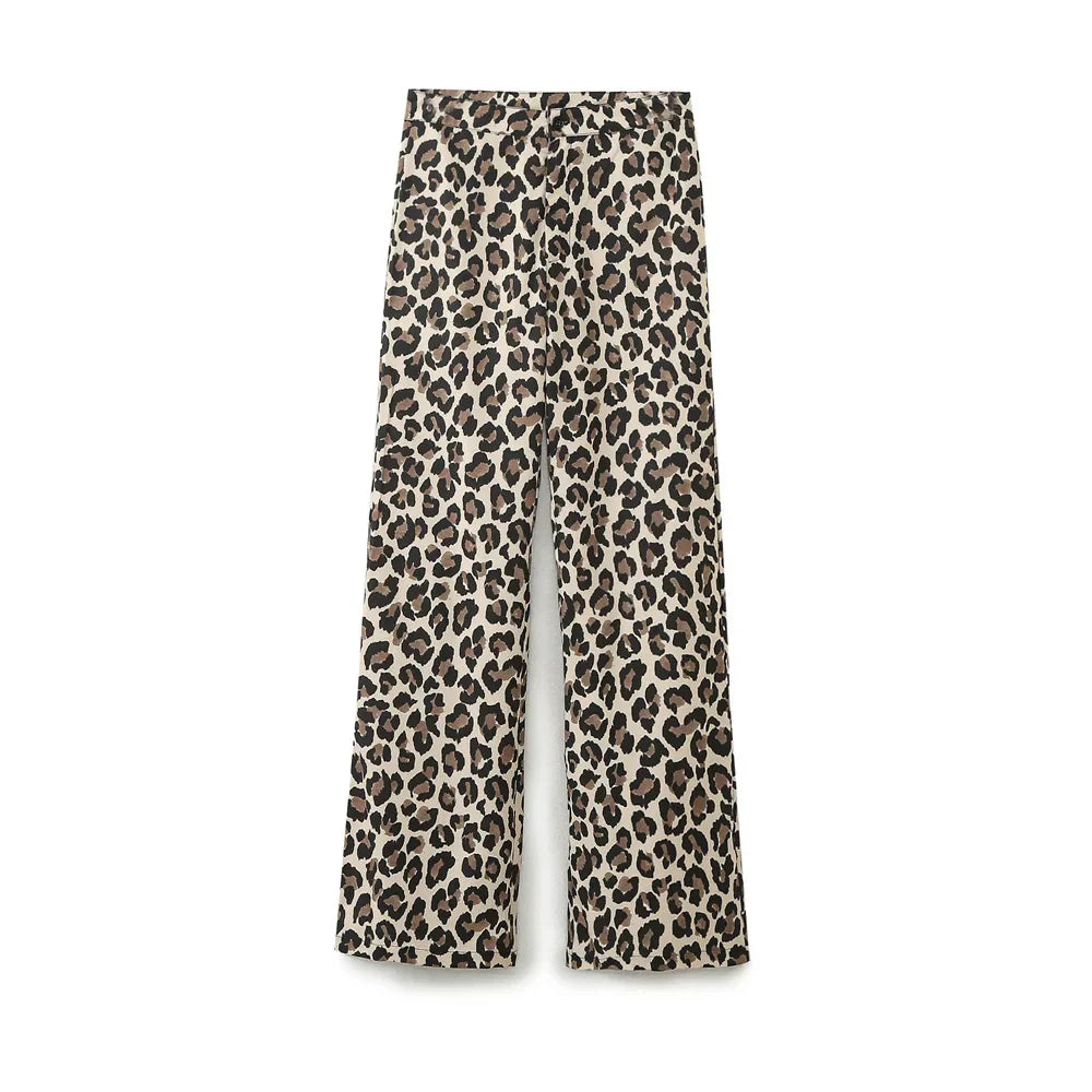 Leopard Print Wide Leg Pants for Women High Waist Slim Straight Long Trousers Fashionable Streetwear Bottoms