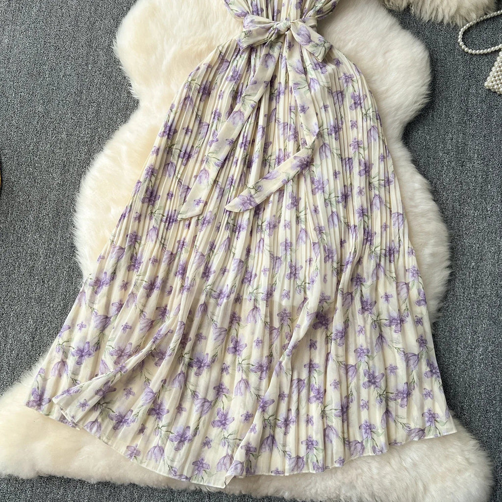 Retro Floral Chiffon Midi Dress With Ruffle Details