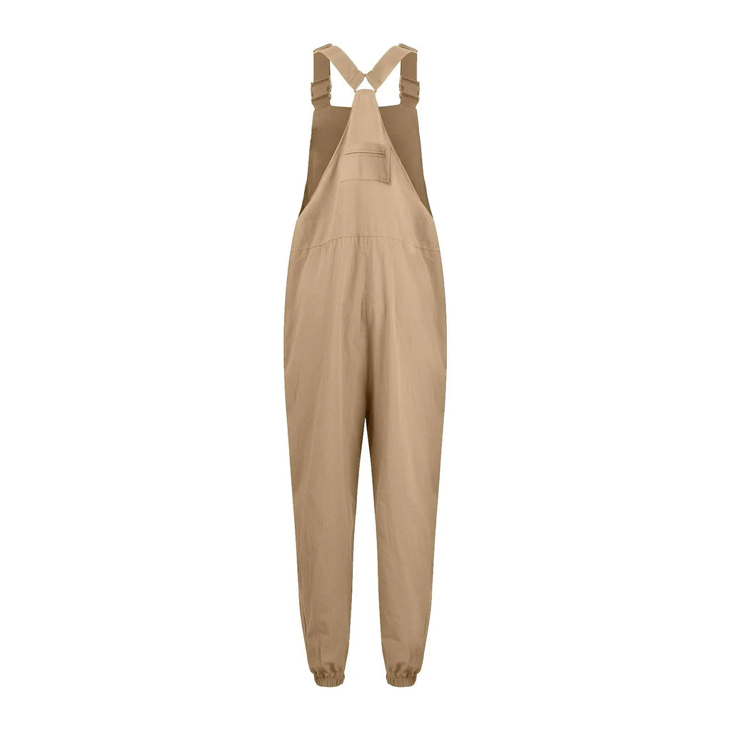 Women's Summer Casual Loose Wide Leg Jumpsuit with Adjustable Straps Pockets and Retro Button Detail Solid Color Sleeveless Overalls
