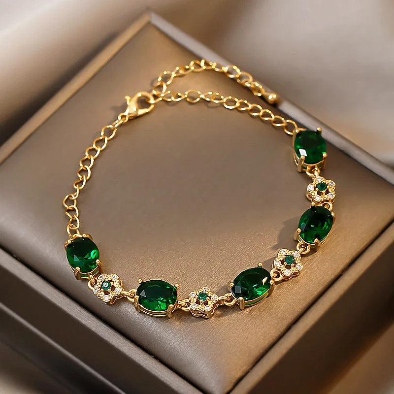 Luxury Green Rhinestone Crystal Bracelet for Women with Gold Color Link Chain - Vintage Geometric Design for Party Wedding or Bridal Jewelry Gifts