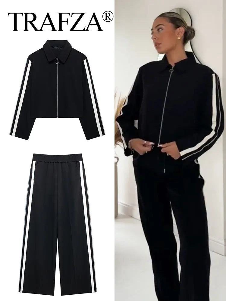 Women's Long Sleeve Zip Jacket and Elastic Waist Trousers Side Stripe Activewear Set