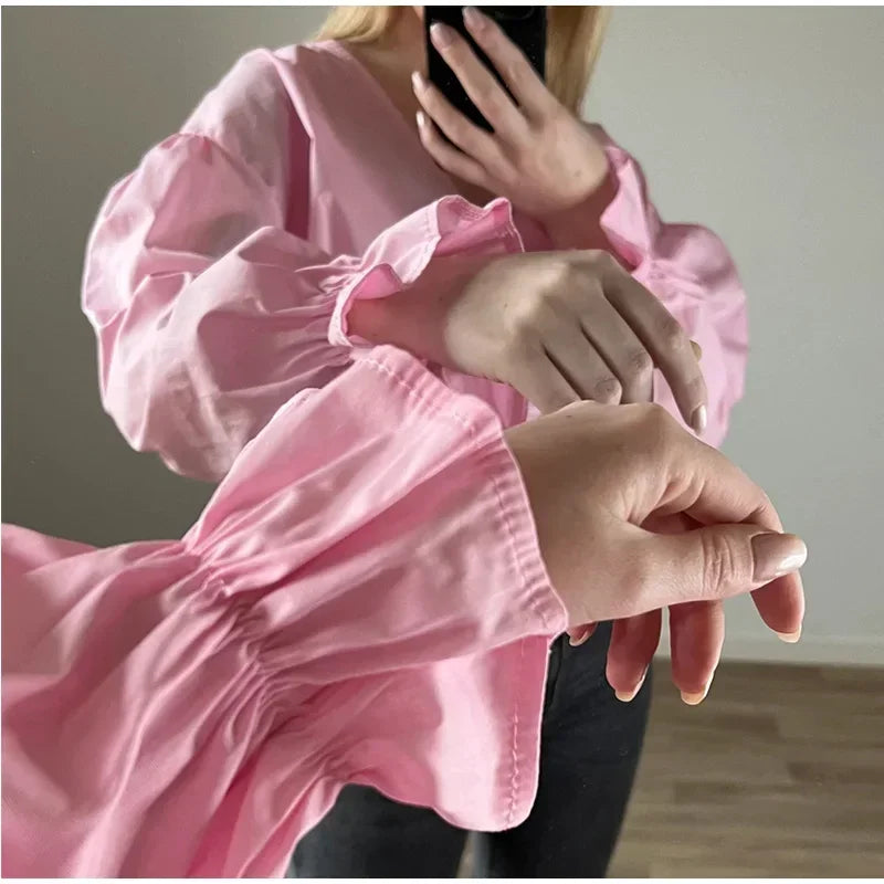 Elegant Solid Lace-Up V-Neck Blouse for Women with Lantern Sleeves and Hollow Out Detail Loose Fit Chic Female Shirt