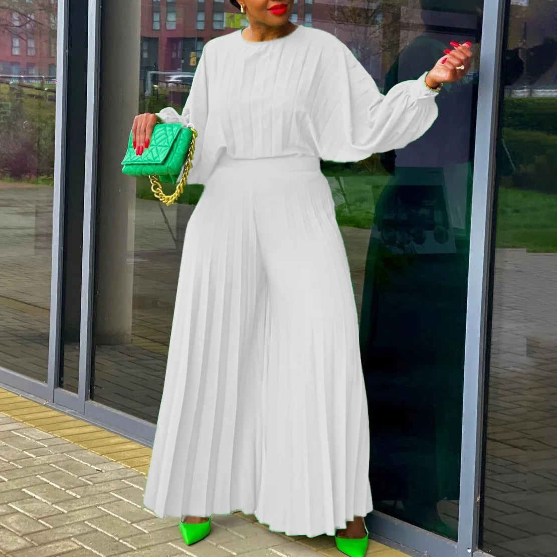 Elegant 2 Piece Women's Outfit with O Neck Blouse and High Waisted Wide Leg Pants Set