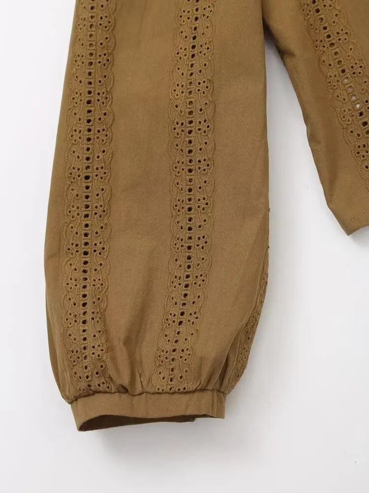 Womens Retro Casual Cotton Shirt Long Sleeve Embroidered Hollow Round Neck Lapel Top for Autumn