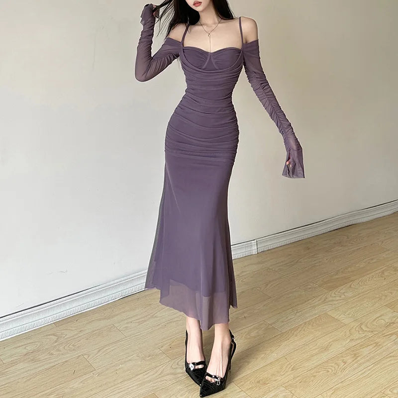 Elegant Long Sleeve Party Dress For Women Solid Color