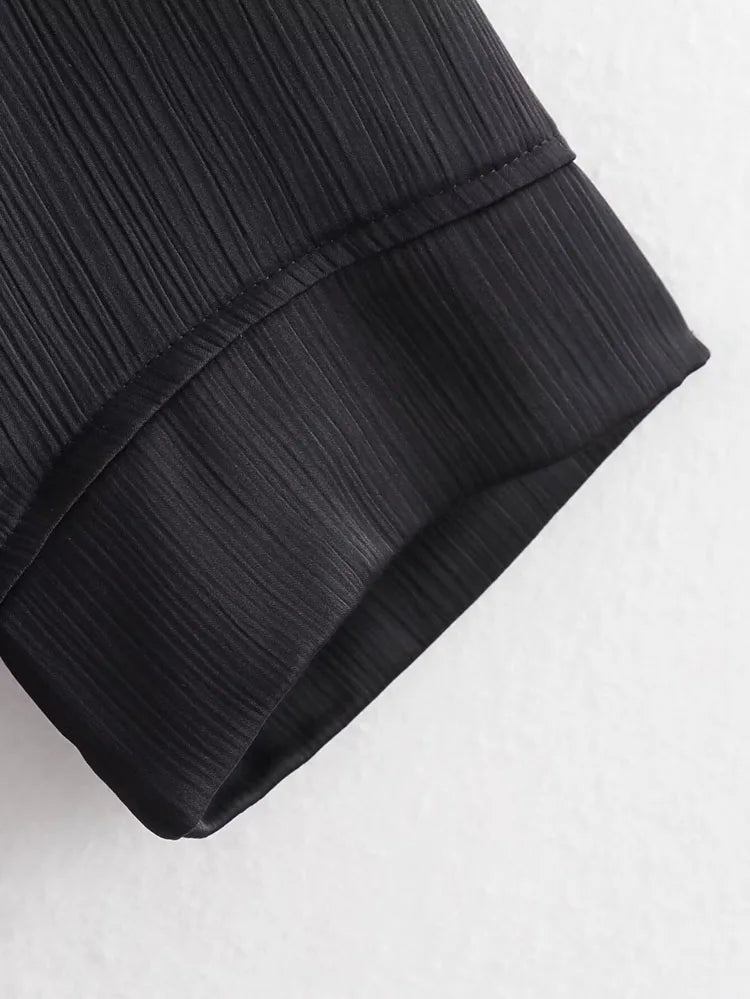 Pajama Style Women's Two Piece Set with Double-Breasted Satin Blazer and Lace Up Creased-Effect Trousers for Spring Fashion