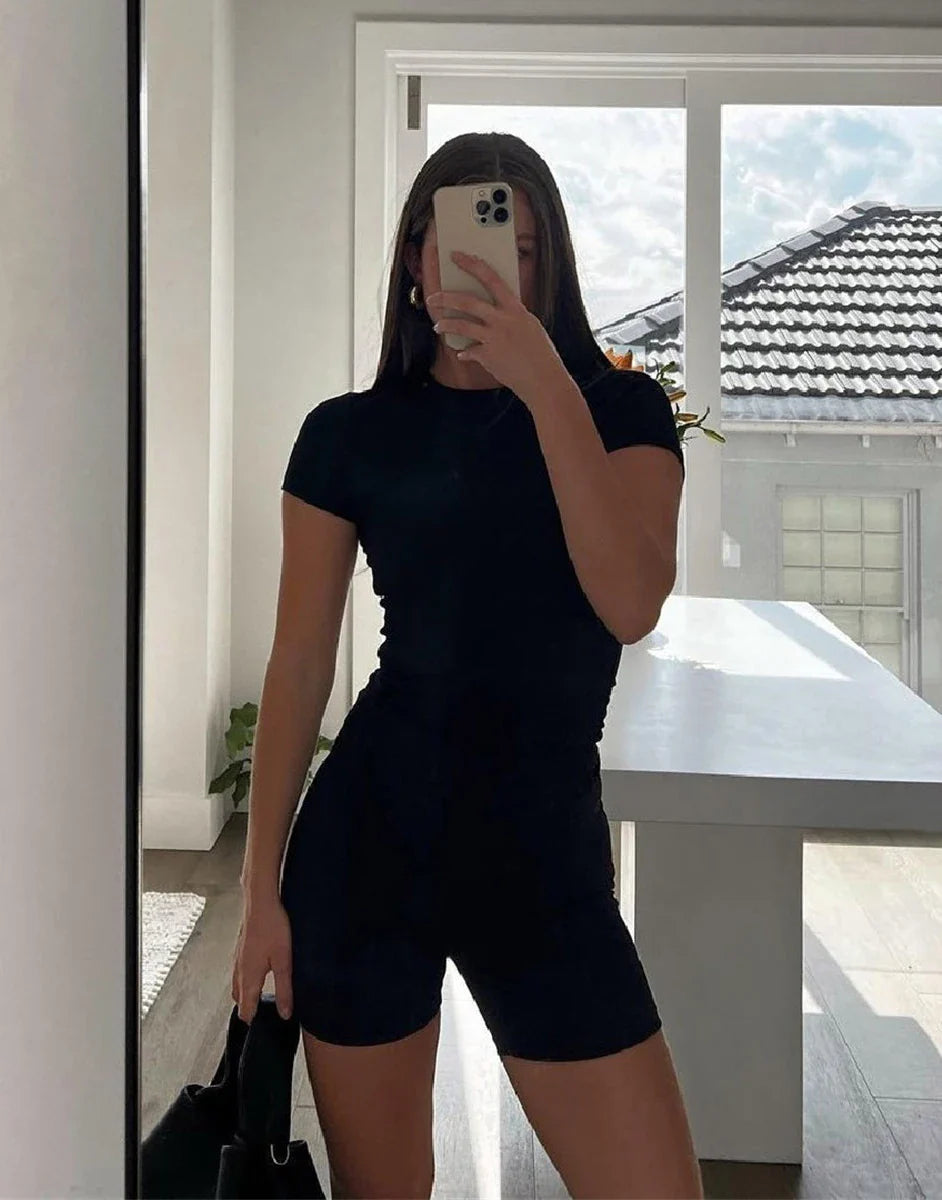 Casual Workout Two Piece Set for Women Fitted Crew Neck T-Shirt with High Waist Pants Matching Streetwear Outfit