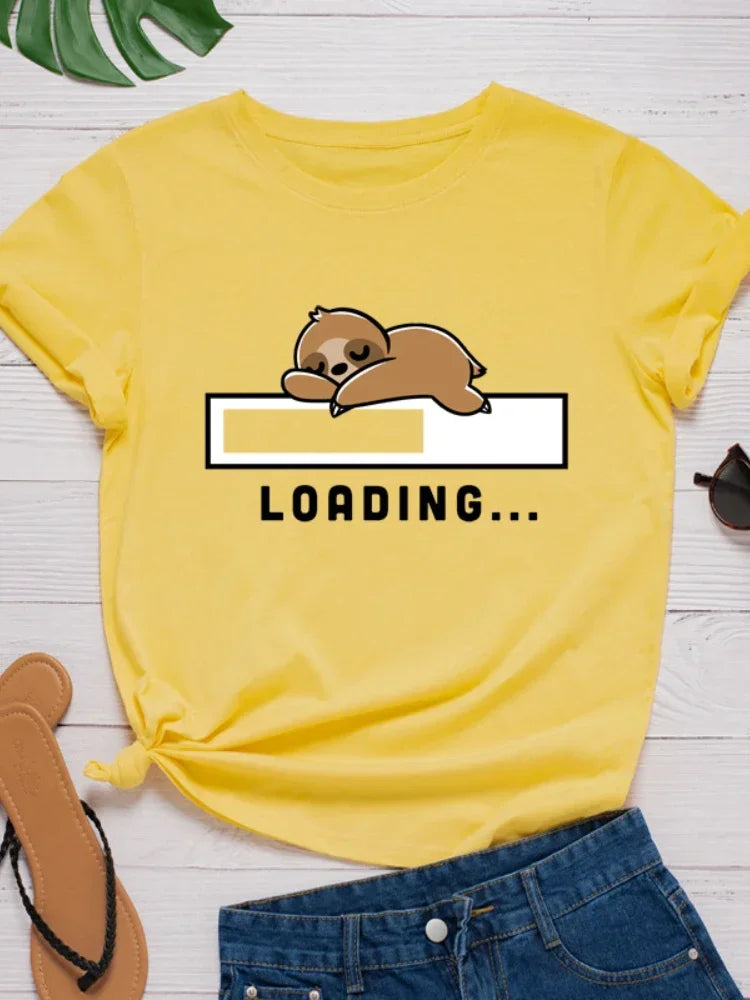 Loading Sloth Print Women T Shirt Short Sleeve O Neck Casual Tee for Ladies