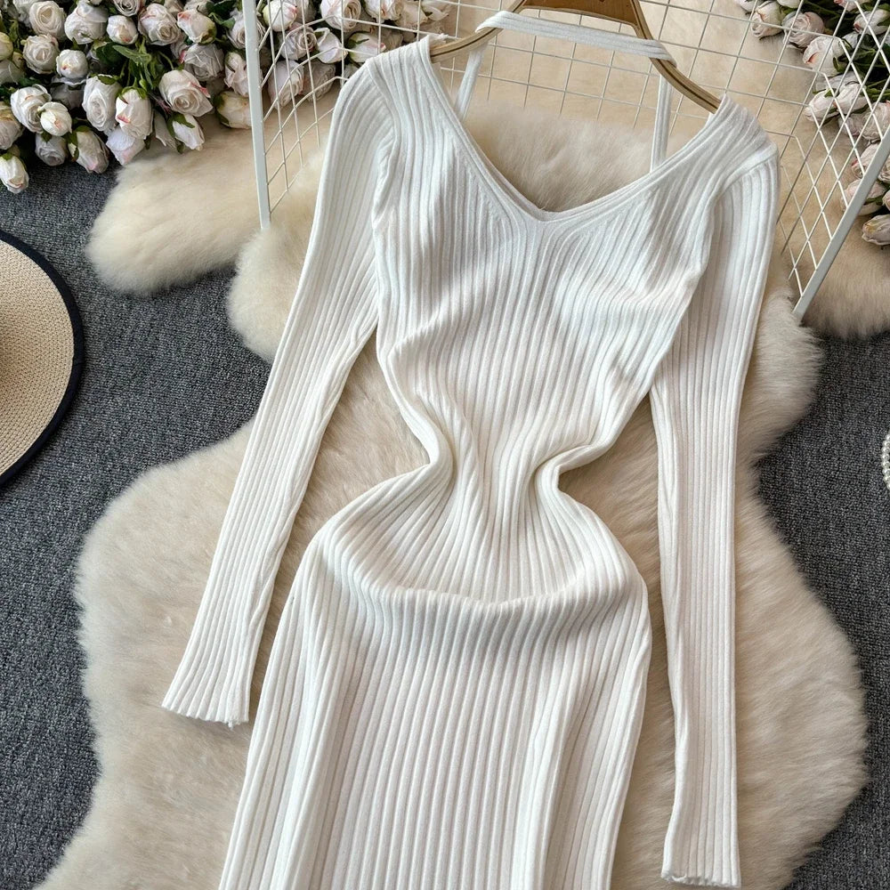 White Long Sleeve V Neck Lace Up Elegant Dress For Women