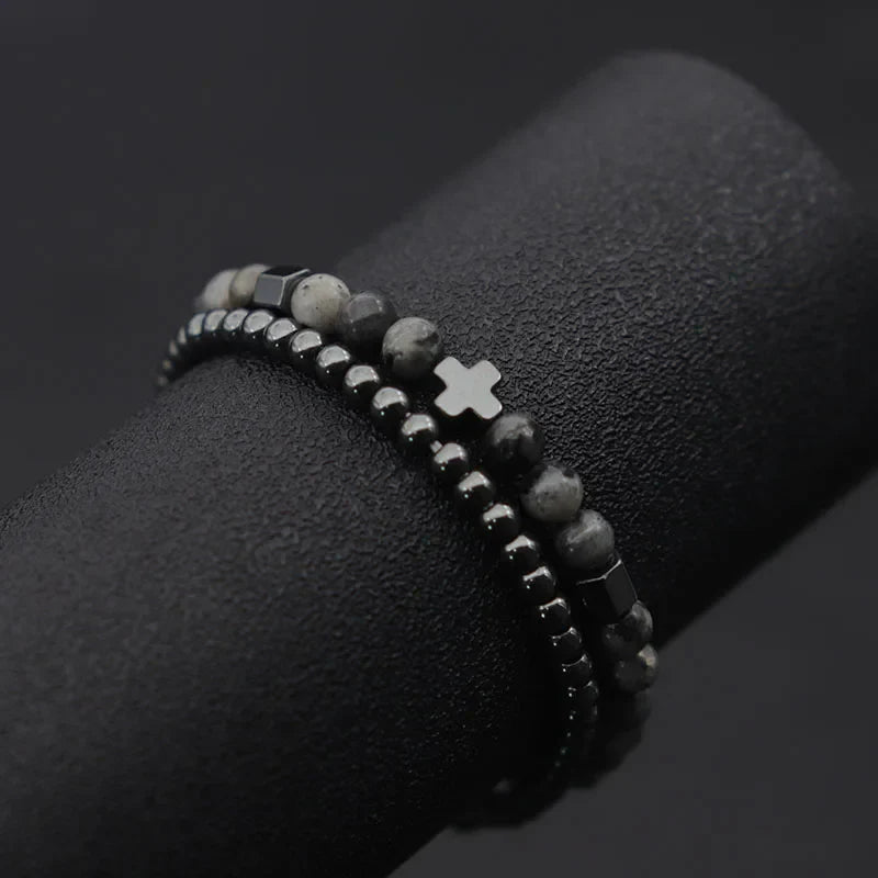 Men's Hematite Cross Bracelet Set with Natural Lava and Tiger Eye Stones Beaded Bracelets for Stylish Accessories