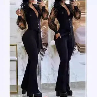 Elegant Autumn Jumpsuit for Women with Tied Detail Turn-Down Collar Long Sleeves Flared Pants Fashion One-Piece Overalls
