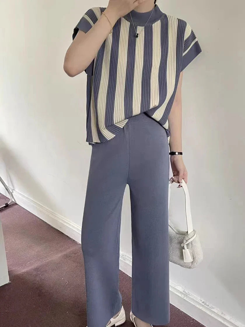 Women Casual Striped Sweater Pant Set Autumn Winter Knitted Short Sleeve Tops and Elastic Sweater Pants
