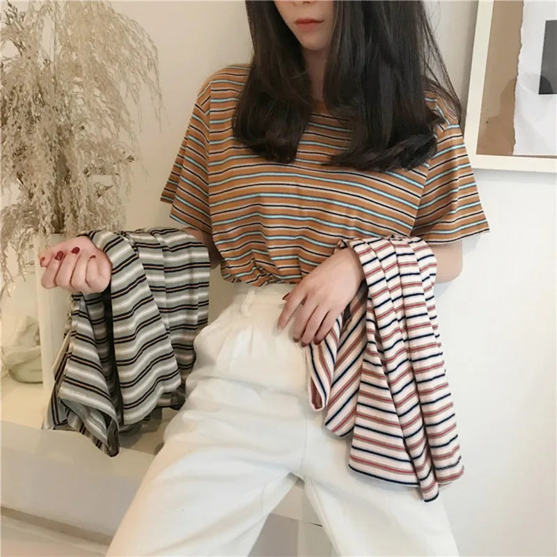 Korean Loose Striped T-shirts for Women Short Sleeves Round Neck Casual Top