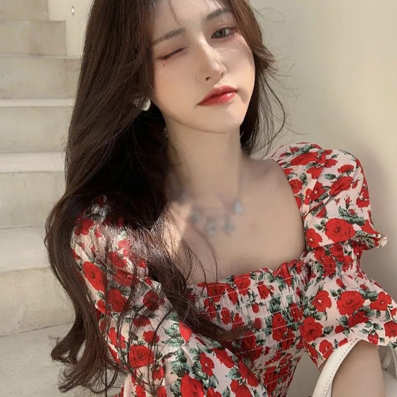 Womens Summer Floral Party Dress Square Neck Wrap Waist