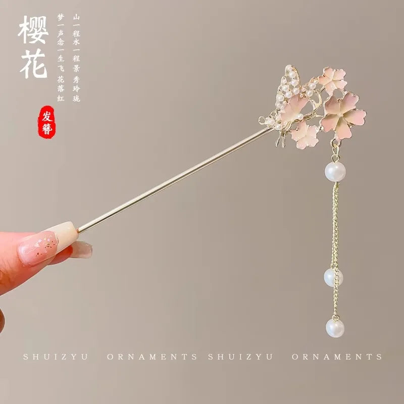 Elegant Enameled Flower Tassel Hair Clip Alloy Hairpin for Women Stylish Chinese Hair Accessory