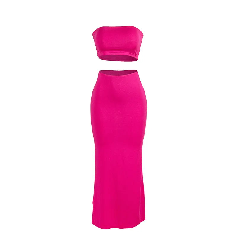 Solid Color Sleeveless Tube Top with High Waist Slim Long Skirt Set for Women Summer Chic Fashion