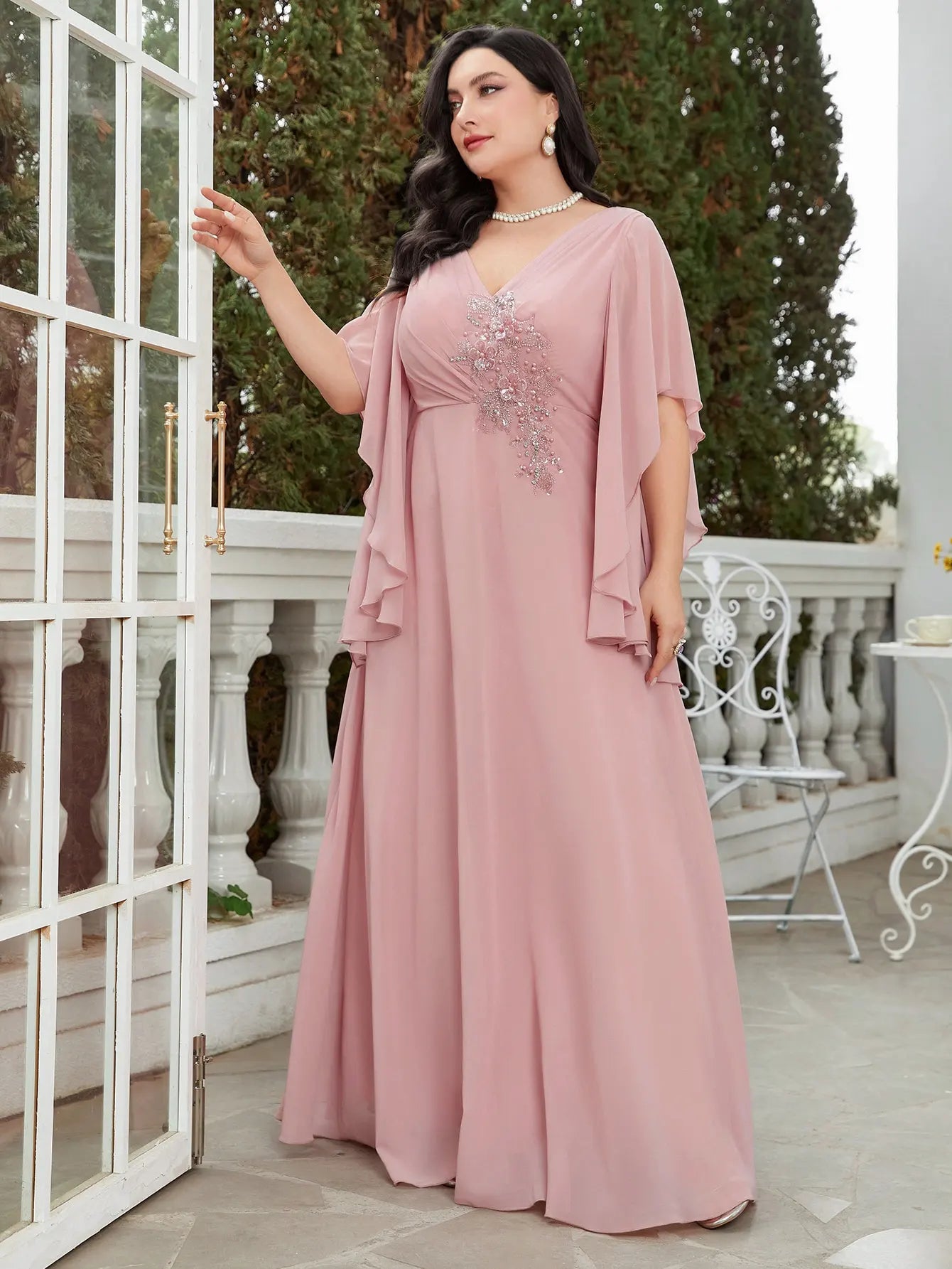 Dusty Pink Chiffon Bridesmaid Dress With Rhinestones