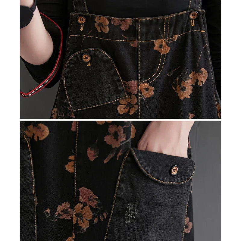 Vintage Floral Print Oversized Black Denim Jumpsuit Women Casual Baggy Cargo Pants Wide Leg Loose Fit Big Pockets Overalls
