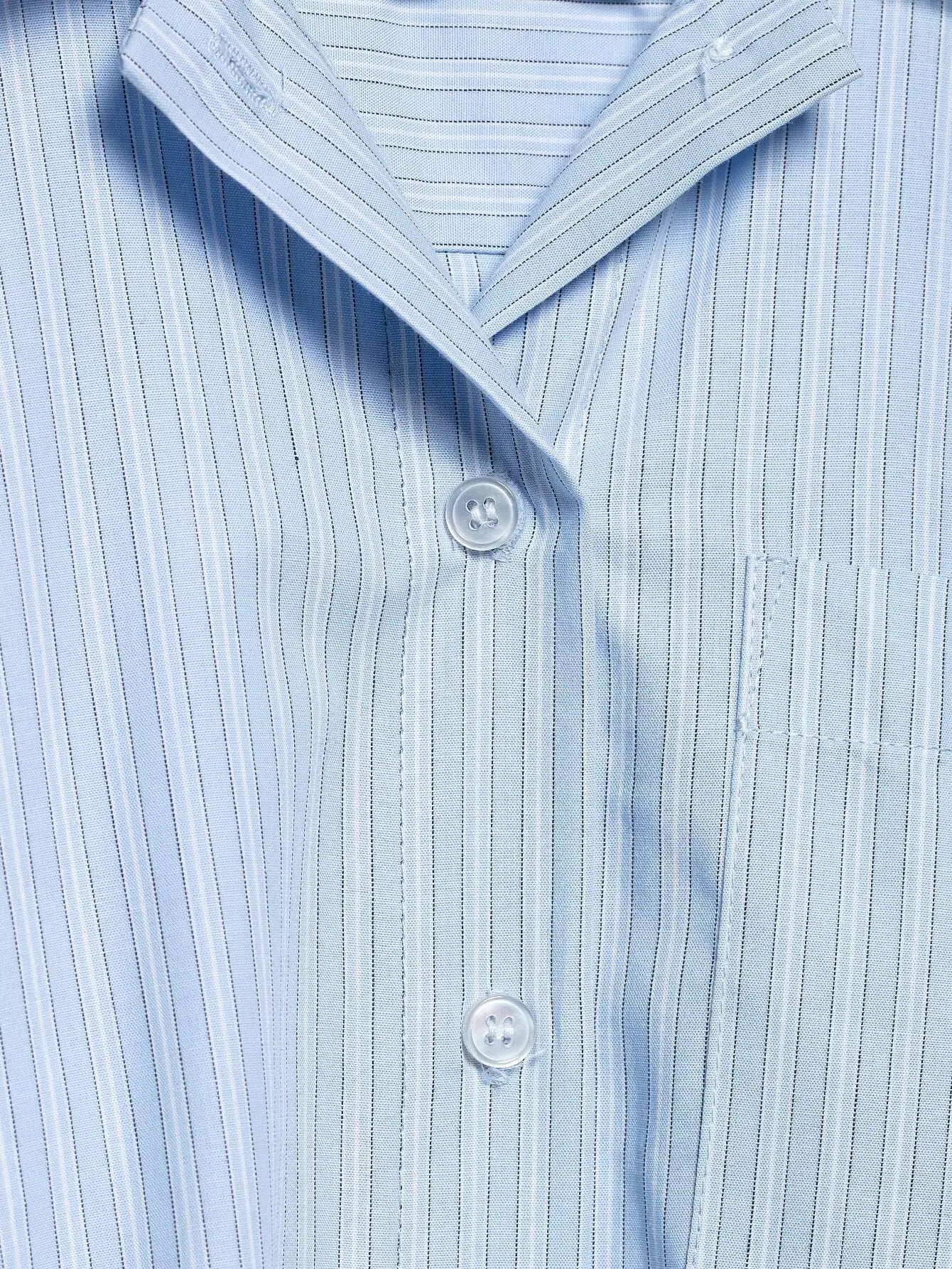 Women's Chic Two-Piece Blue Striped Long Sleeve Shirt and Front Zipper Mini Skirt Set