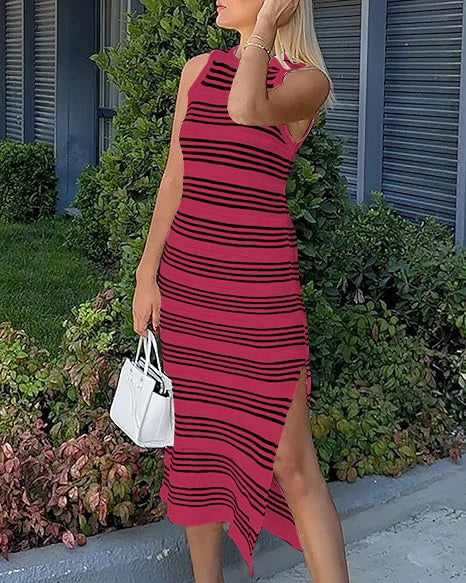 Casual Striped Knitted Midi Dress With Side Slit Summer