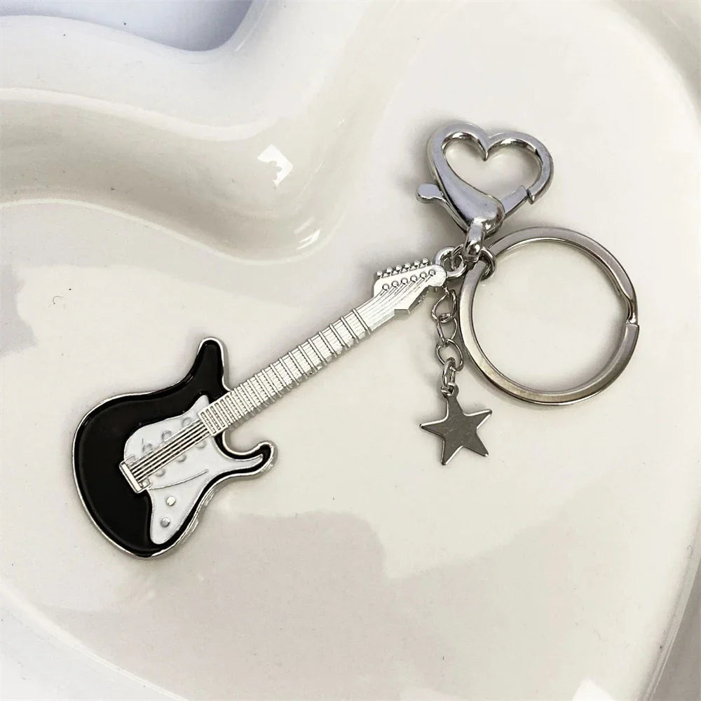 Guitar Love Heart Star Key Chain Trendy Fashion Pendant for Men and Women Rock Punk Vintage Accessories Gift