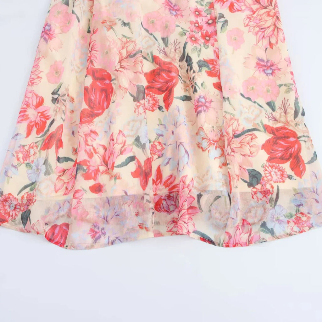 Floral Print Midi Dress With High Neck And Tie Front Belt