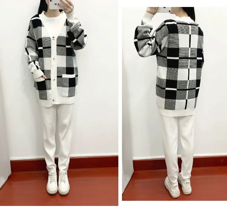 Autumn Winter Women's Plaid Knit Tracksuit Set with Cardigan Sweater Coat, Short Sleeved Top, and Solid Harem Pants