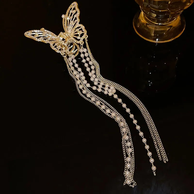 Butterfly Hair Clip With Long Tassel And Imitation Pearl Rhinestone For Elegant Women's Hair Accessories