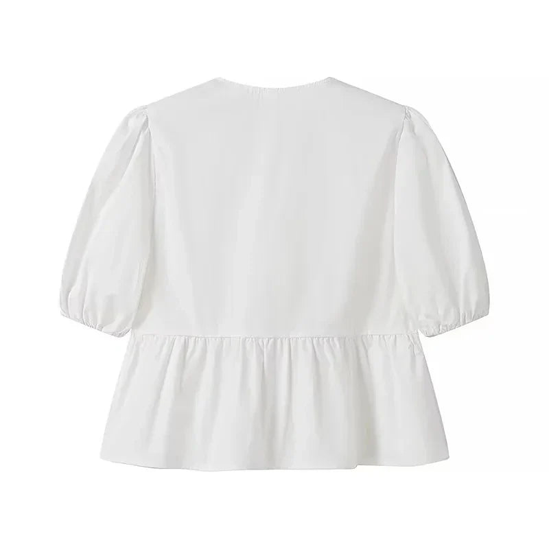 Women Bow Lace Up Puff Sleeve Blouse O Neck Sweet Casual Chic Top in White and Black