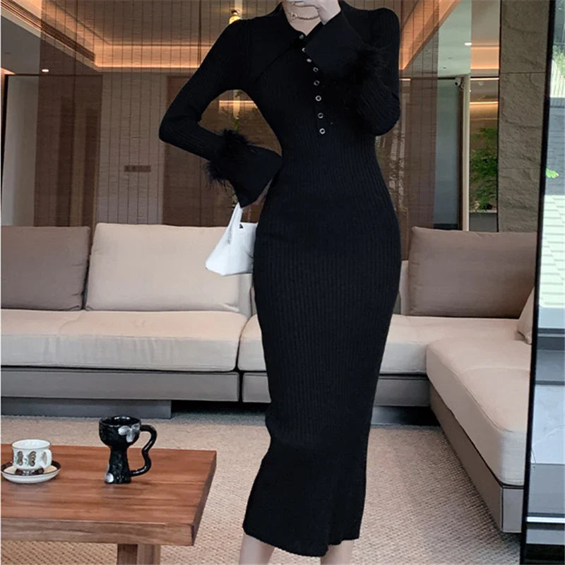Polo Collar Wrap Knit Dress for Women Long Sleeve Bodycon