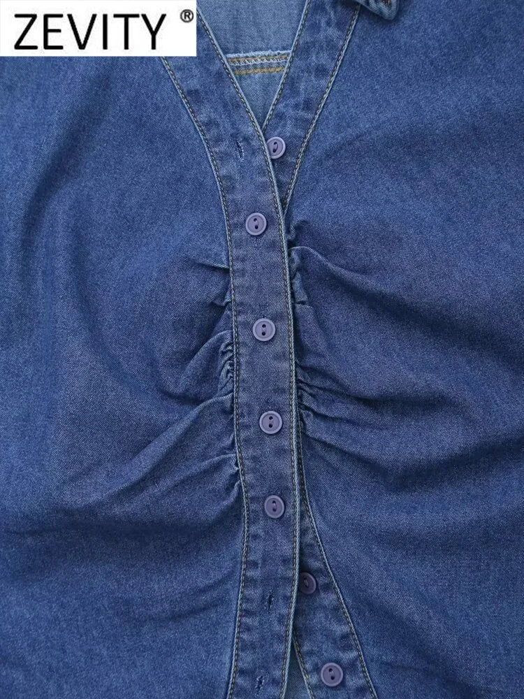 Women Sleeveless Pleated Denim Blouse Single Breasted Office Shirt Chic Casual Top