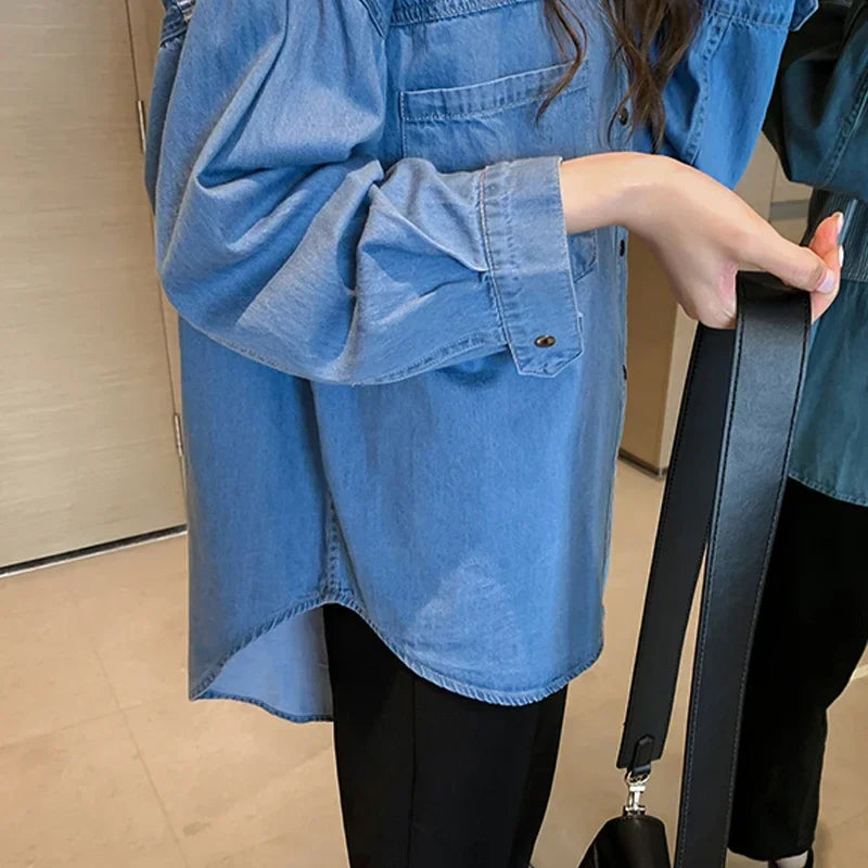 Loose Fit Women's Denim Shirt Long Sleeve Cotton Casual Button-Up Korean Style Autumn Winter Camisa Jeans Shirt