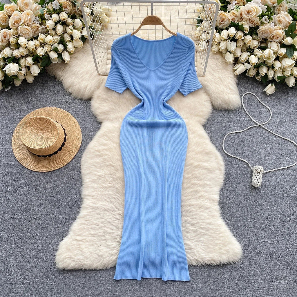 Summer Knit Bodycon Solid Dress for Women Short Sleeve Maxi