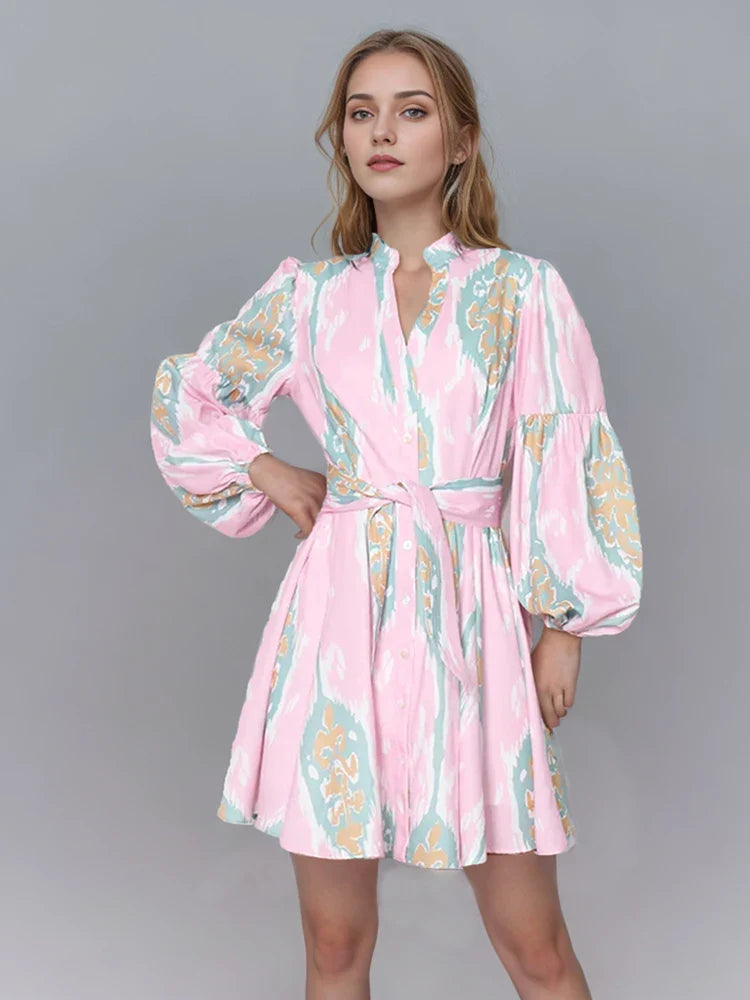 Printed Lantern Sleeve Dress For Women Summer Lightweight